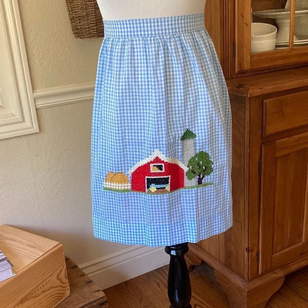 Handmade Cross Stitch Gingham Country Grannycore Apron